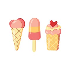 Set of ice creams isolated on white background. Summer rest. Flat design. Vector illustration.