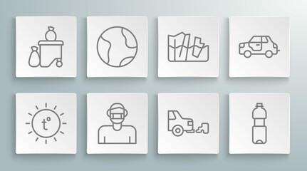 Fototapeta premium Set line Sun, Earth globe, Face in protective mask, Car exhaust, Bottle of water, Glacier melting, and Full dustbin icon. Vector