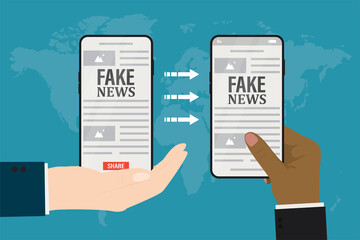 Fake news on mobile phone. Social media with propaganda or hoax. Global spreading articles with lies and disinformation. Multi Ethnic hands holds cell phones.