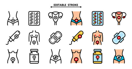 Menopause flat icons. Editale stroke. Vector color signs for web graphics