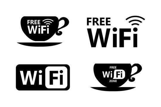 Set of black labels or stickers template - Free wifi. Access to public computer network. Wi-Fi Hotspot Internet, signs or buttons on white background.