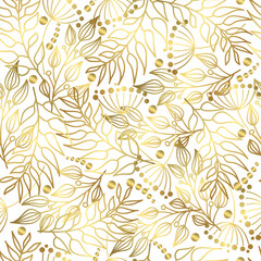Seamless pattern of golden branches on a white background. Branches with leaves in linear art and dots. Abstract plant art design. Elegant vector print for your design.