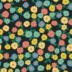 Cute floral seamless pattern with small multicolored flowers on a dark background.