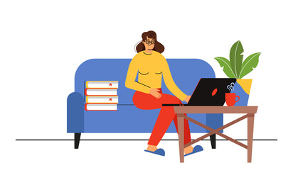 A young woman studies remotely, works. A woman with a laptop is sitting on the couch. Vector illustration