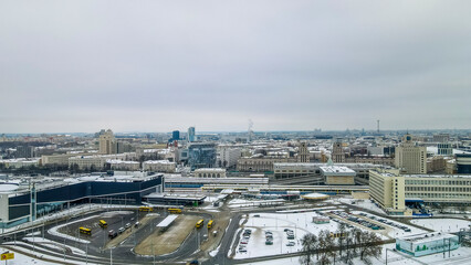 Aerial view of city transport hub railway and bus station. Aerial Central railroad station yard...