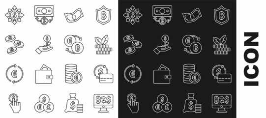 Set line Cryptocurrency exchange, Credit card, Dollar plant, Stacks paper money cash, Coin with dollar, Dollar, share, network and icon. Vector