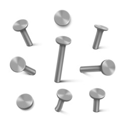 Nails hammered into wall, steel or silver pin heads. Realistic 3d vector illustration