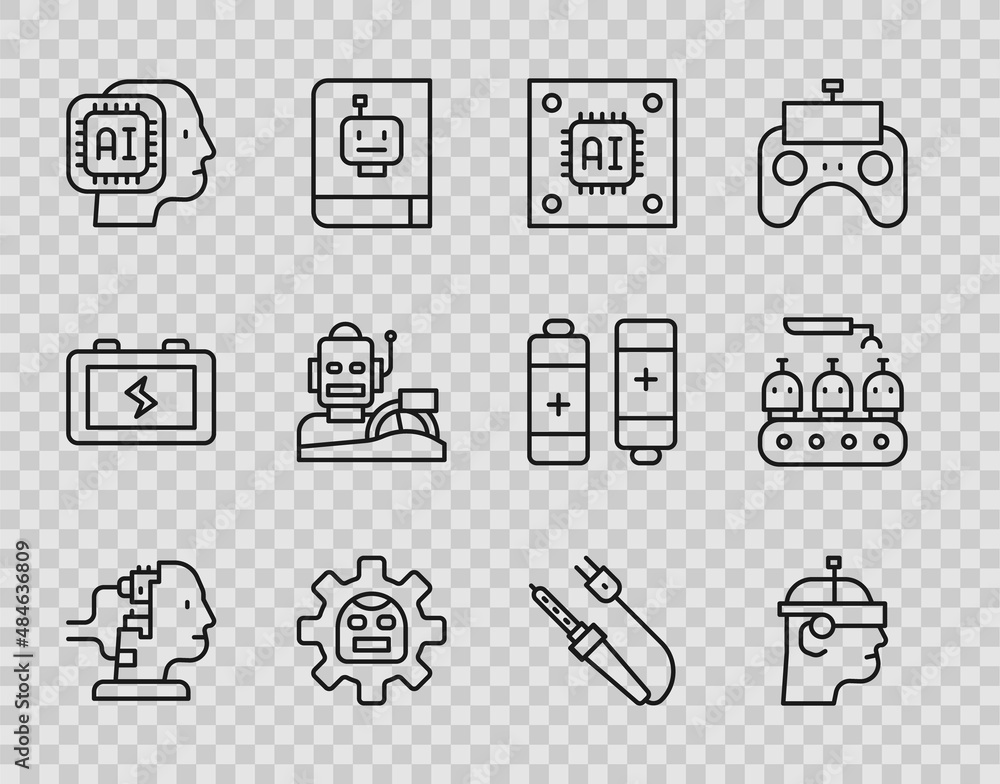 Poster set line robot for maintenance, smart glasses, processor with microcircuits cpu, humanoid robot, hum