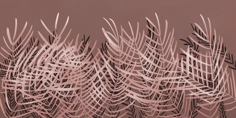 Palm leaves, palm branches, tropical leaves. Abstract watercolor paint background grunge texture. Interior Wallpaper. Mural for the walls, fresco for the room, interior grunge style