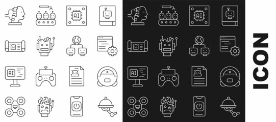 Set line Waiter robot, Robot vacuum cleaner, Computer api interface, Processor with microcircuits CPU, Broken, blueprint, for maintenance and Artificial intelligence icon. Vector