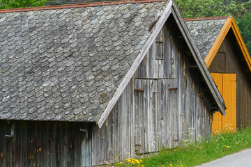 Rustic old slate roof on a boat house.