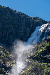 Big waterfall and bridge you have to pass when driving to Trollstigen viewpoint, Norway.