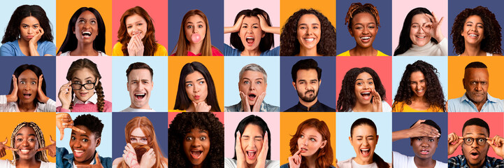 Set of different multiethnic people expressing various emotions