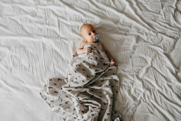 Newborn baby with a pacifier, covered with a muslin blanket, lying in bed on white bed sheet, top view. - obrazy, fototapety, plakaty