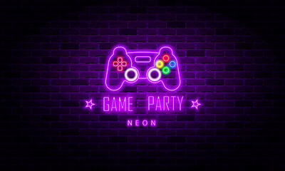 Purple neon joystick on a brick wall background, game party concept, vector illustration