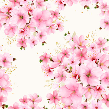 hand drawn watercolor cherry blossom seamless pattern