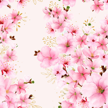 hand drawn watercolor cherry blossom seamless pattern