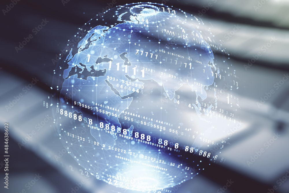 Poster abstract virtual coding concept and world map hologram on blurry abstract metal background. multiexp