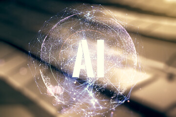 Creative artificial Intelligence symbol hologram on abstract metal background. Double exposure
