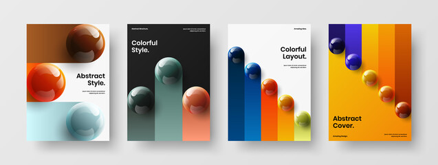 Minimalistic 3D spheres postcard template composition. Isolated leaflet A4 vector design layout bundle.