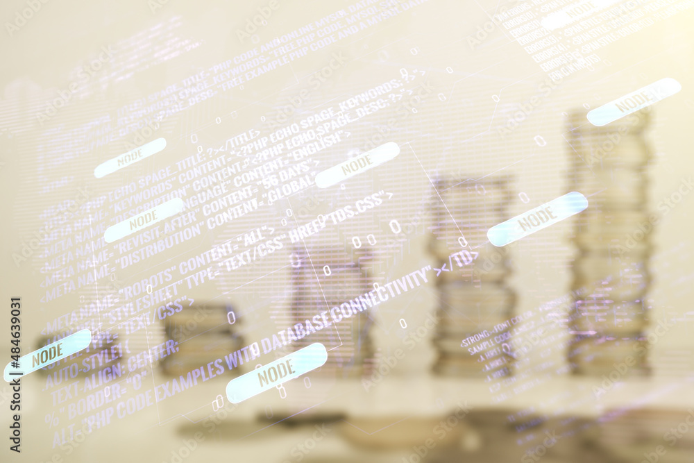Aufkleber Multi exposure of abstract software development hologram and world map on growing stacks of coins background, global research and analytics concept