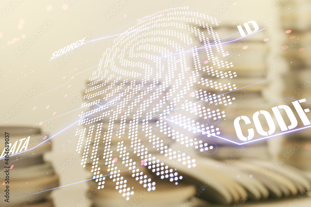 Poster Abstract virtual fingerprint hologram on stacks of coins background. Multiexposure