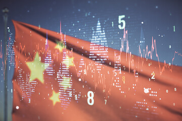 Multi exposure of virtual abstract financial graph interface on Chinese flag and sunset sky...