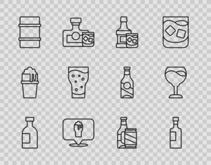 Set line Glass bottle of vodka, Wine, Whiskey and glass, Alcohol or beer bar location, Metal keg, Beer can and icon. Vector