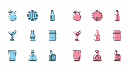 Set line Shot glass, Tequila bottle, Coconut cocktail, Beer and beer can, Whiskey, Metal keg, Martini and Wooden barrel icon. Vector