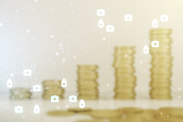 Abstract virtual medical sketch on growing coins stacks background. Medicine and healthcare concept. Multiexposure