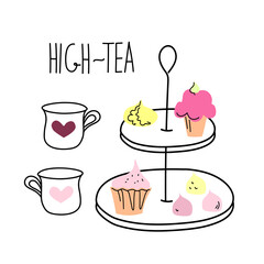 Afternoon tea set with cakes, doodle sketch hand drawn vector design.