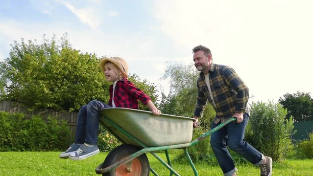 Happy little boy having fun in a wheelbarrow pushing by dad in domestic garden on warm sunny day. Child enjoys family time. Active outdoors games for family with kids in summer.