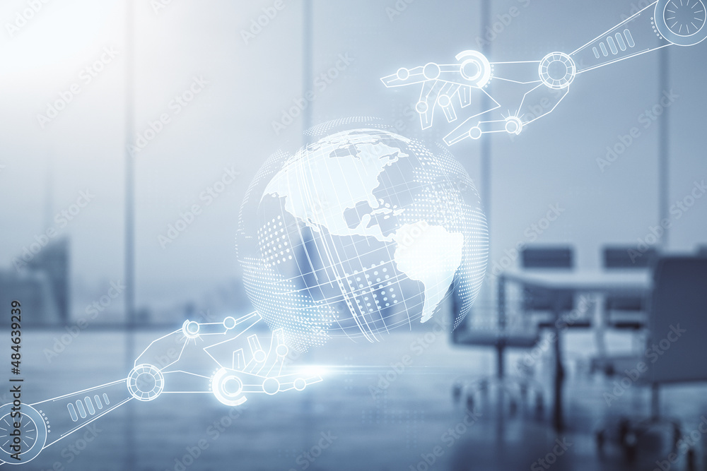 Aufkleber abstract virtual robotics technology sketch with globe on a modern boardroom background, future tech