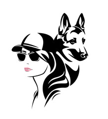 woman dog trainer wearing sunglasses and baseball cap with german shepherd dog - beautiful young girl and her pet vector portrait