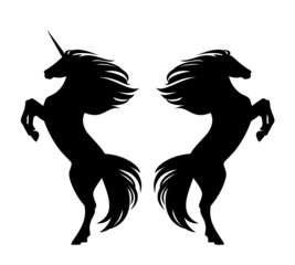 beautiful rearing up fairy tale unicorn horse and wild mustang silhouette - standing animal black and white vector design set