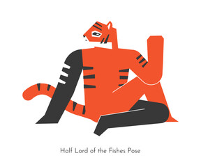 Vector isolated concept with cartoon flat animal doing yoga practice - Ardha Matsyendrasana. Korean tiger learns Half Lord of the Fishes Pose. Geometric illustration with stretching exercise