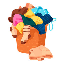 Straw basket with bunch of dirty laundry vector illustration. Bathroom container messy clothes