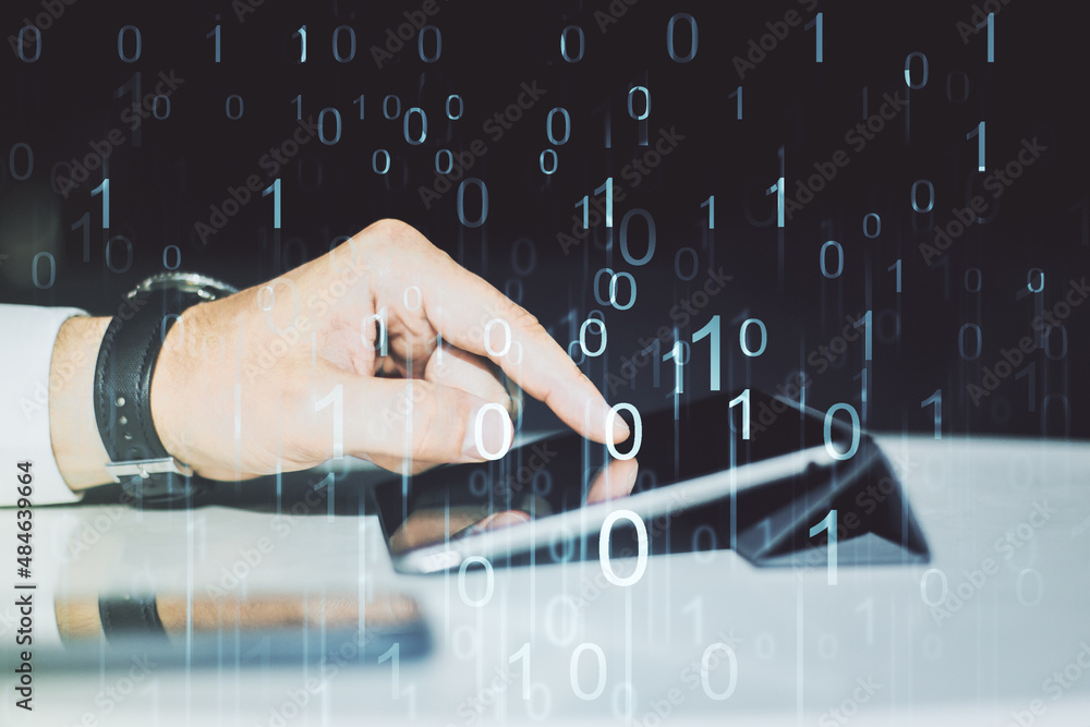Aufkleber creative abstract binary code hologram and finger presses on a digital tablet on background, ai and 