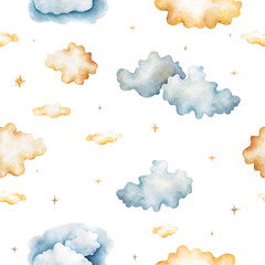 watercolor clouds with stars in pastel colors, seamless pattern on a white background, Vintage watercolor set