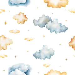 Plexiglas foto achterwand watercolor clouds with stars in pastel colors, seamless pattern on a white background, Vintage watercolor set © Anna Terleeva
