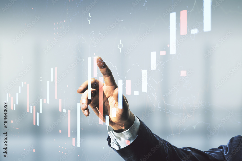 Poster multi exposure of trader hand clicks on virtual abstract financial graph interface on blurred office