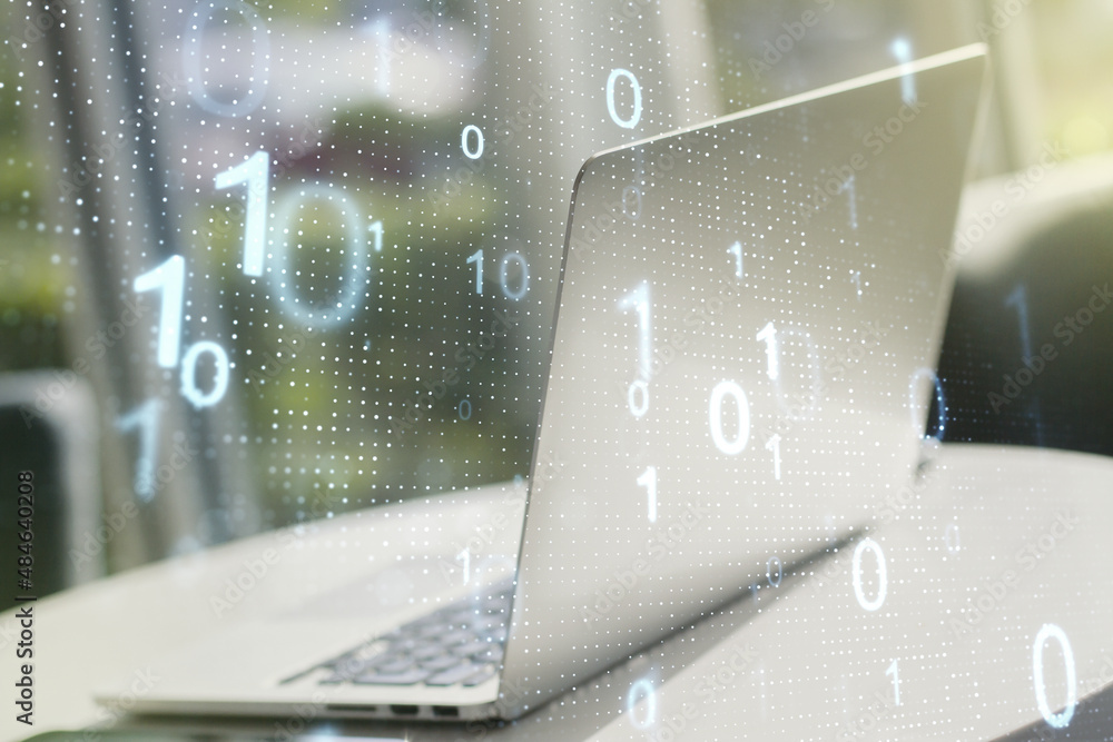Poster creative abstract binary code sketch on modern laptop background, hacking and matrix concept. multie