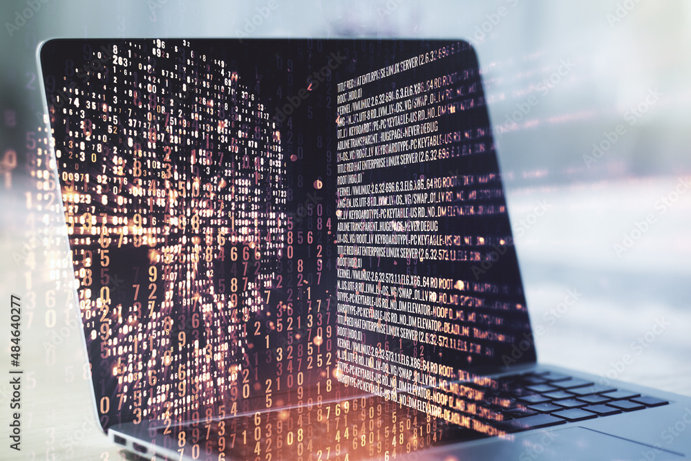 Poster creative code skull hologram on modern computer background, cybercrime and hacking concept. multiexp