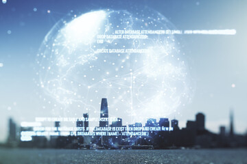 Obraz premium Double exposure of abstract creative programming illustration and world map on San Francisco office buildings background, big data and blockchain concept