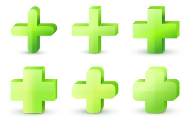 Green cross. Vector set. Cross symbol of safety guidance. Green plus sign
