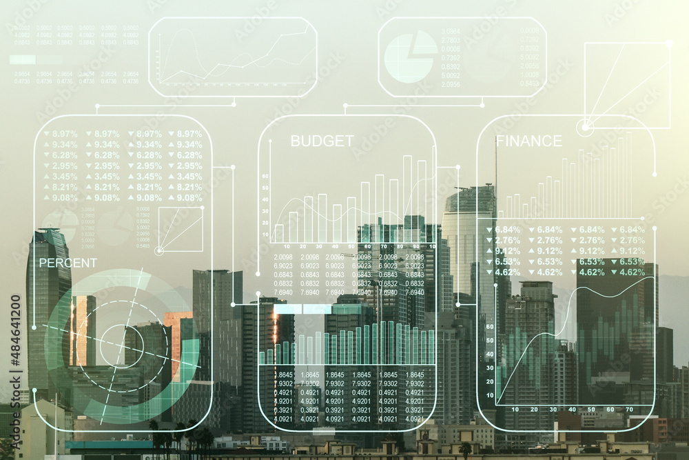 Poster multi exposure of abstract statistics data hologram interface on los angeles office buildings backgr