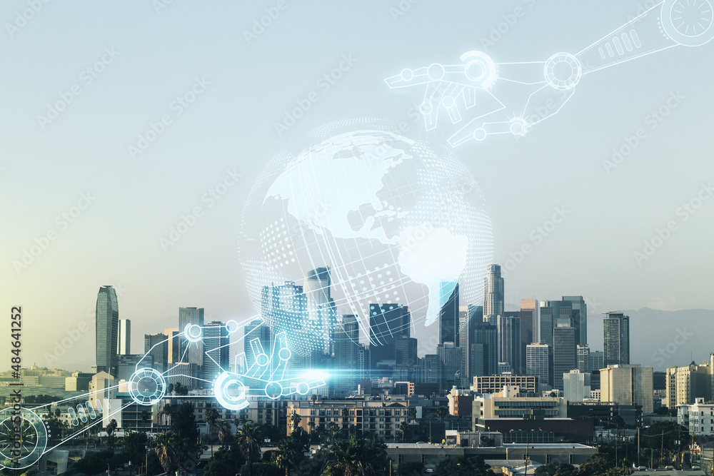 Aufkleber abstract virtual robotics technology hologram with globe on los angeles cityscape background, artifi