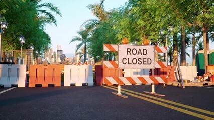 A large road-closed sign in the middle of a road, surrounded by heavy-duty bollards and construction equipment, blocks all traffic from entering the road into the city.