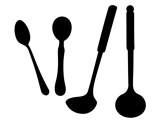 Ladle and spoons included. Vector image.