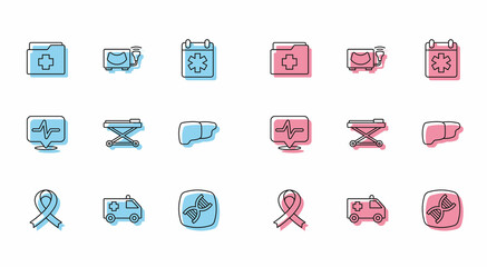 Set line Awareness ribbon, Ambulance car, Patient record, DNA symbol, Stretcher, Human organ liver, Heart rate and Ultrasound icon. Vector